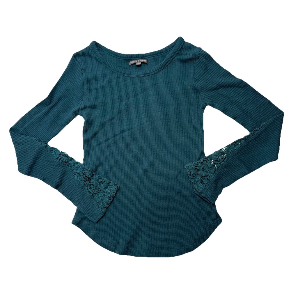 Threads 4 Thought Womens Long Sleeve Green/Blue Crochet Lace‎ Shirt Waffle Top M